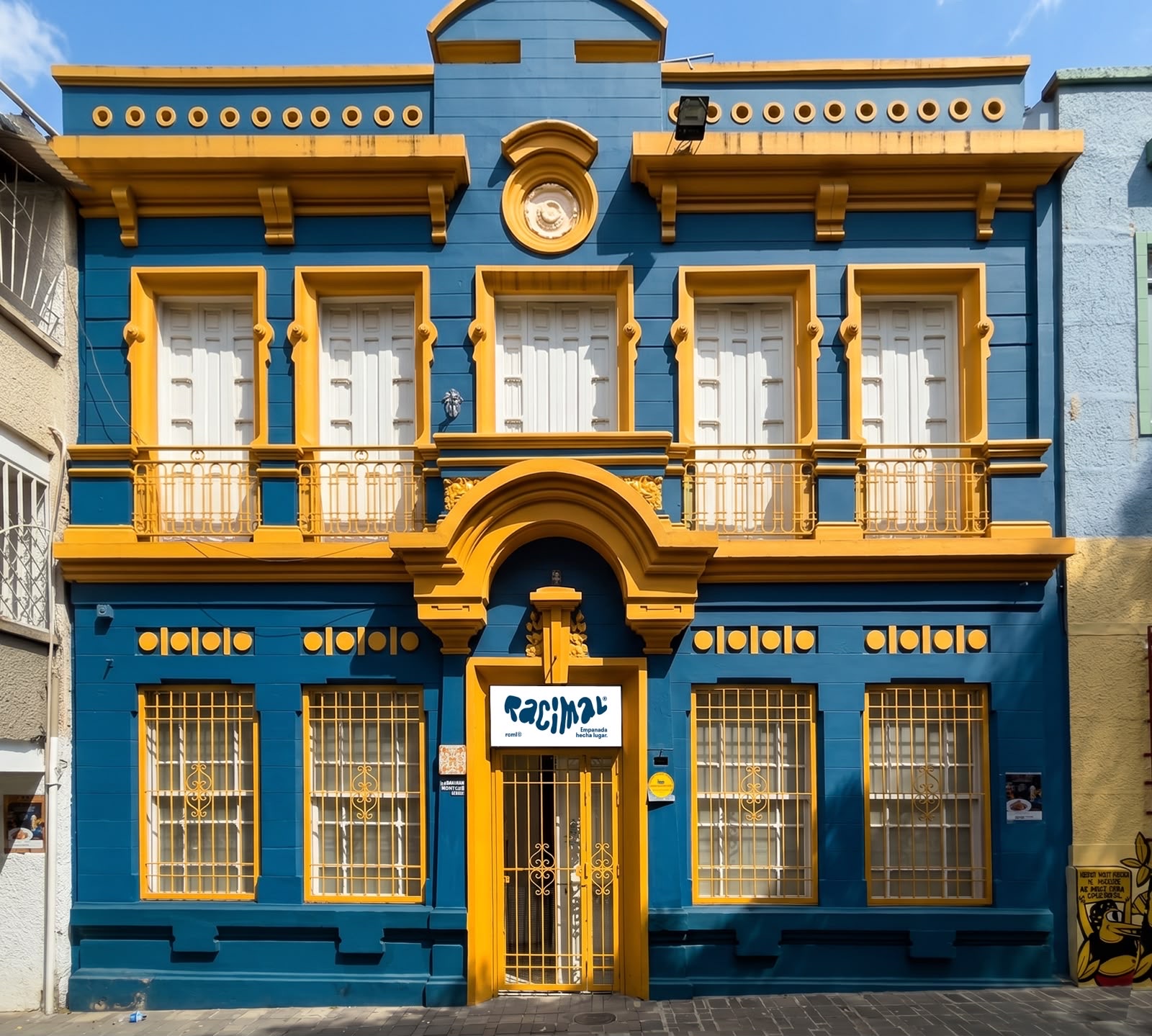 Fachada azul y amarilla de Racimal en el Centro de Medellín